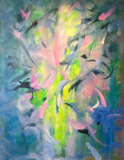 Expressionist painting with blue and grey border partially covering a bright green centre which shines through, punctuated by pink bird-like strokes emerging out of the centre of the painting.