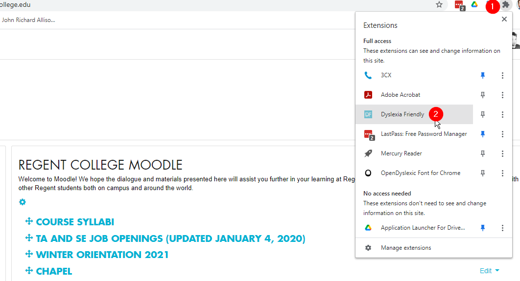 Screenshot: Activating the Dyslexia Friendly Chrome extension