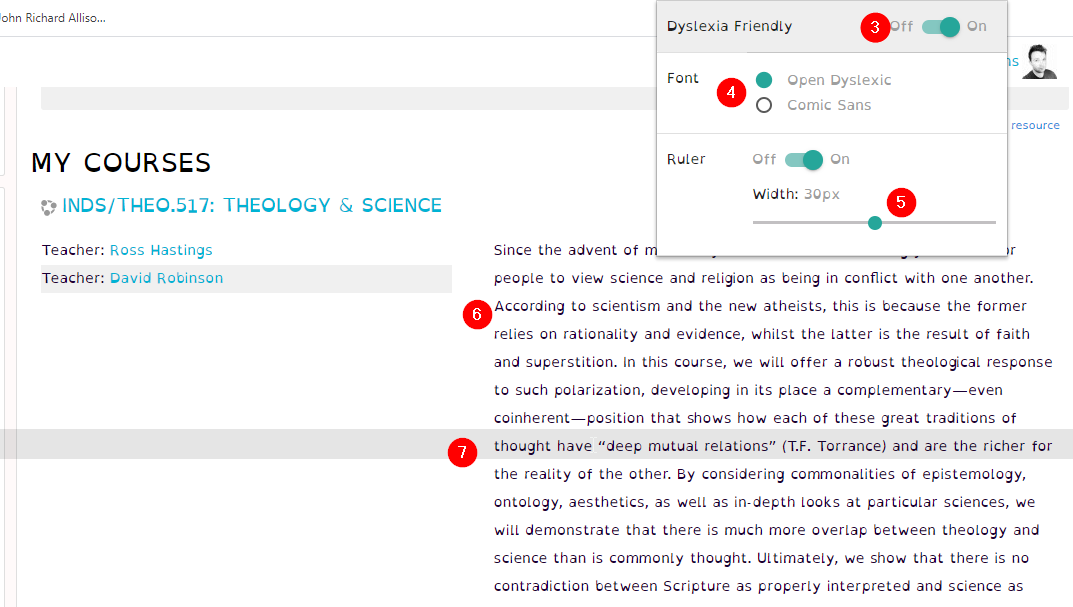 Screenshot: Adjust settings in the Dyslexia Friendly extension