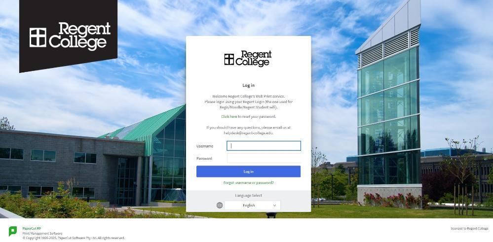 A screenshot of the login page for PaperCut web printing