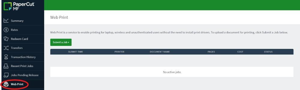 Screenshot: Click Web Print in the left-hand menu