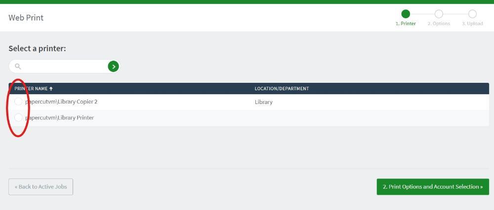Screenshot: Select one of the library printers