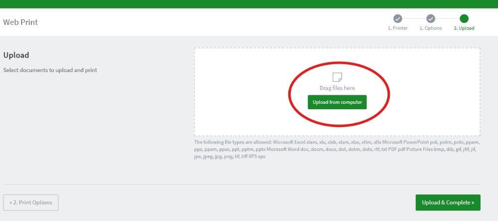 Screenshot: Upload documents you want to print