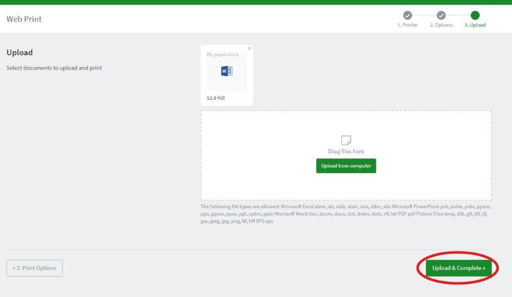 Screenshot: Click Upload and Complete