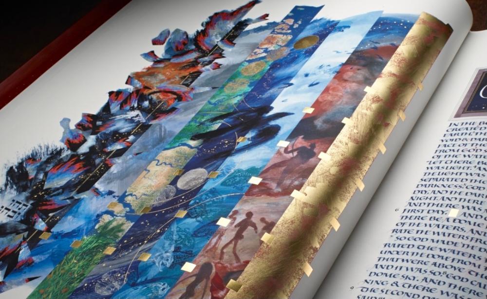An abstract representation of the six days of creation and the Sabbath illuminates the opening pages of The Saint John’s Bible.